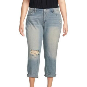NWT $79 Jessica Simpson Stretch Denim Lace Patch Distressed Rolled Hem Jeans 20W
